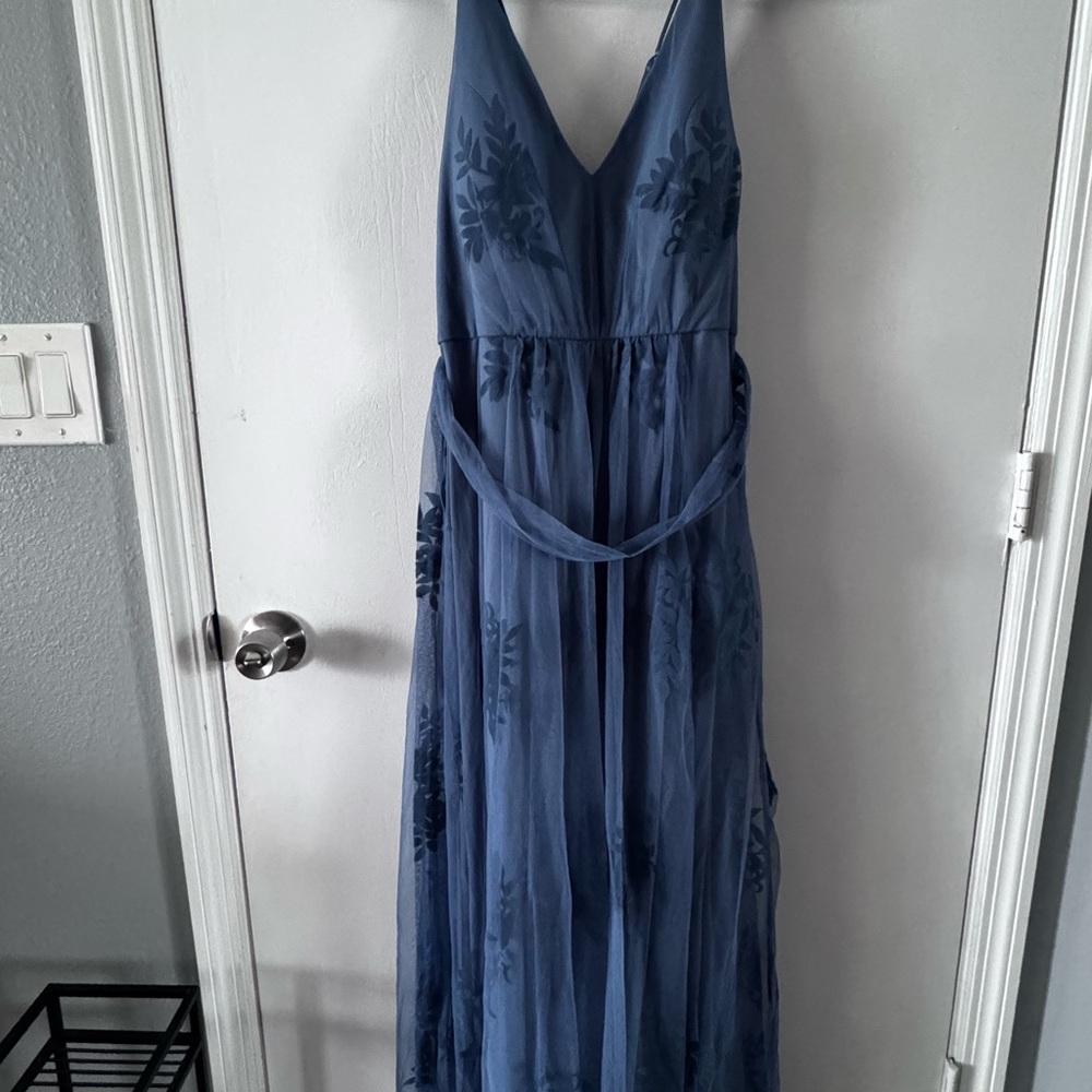 David's Bridal Blue Floral Maxi Dress